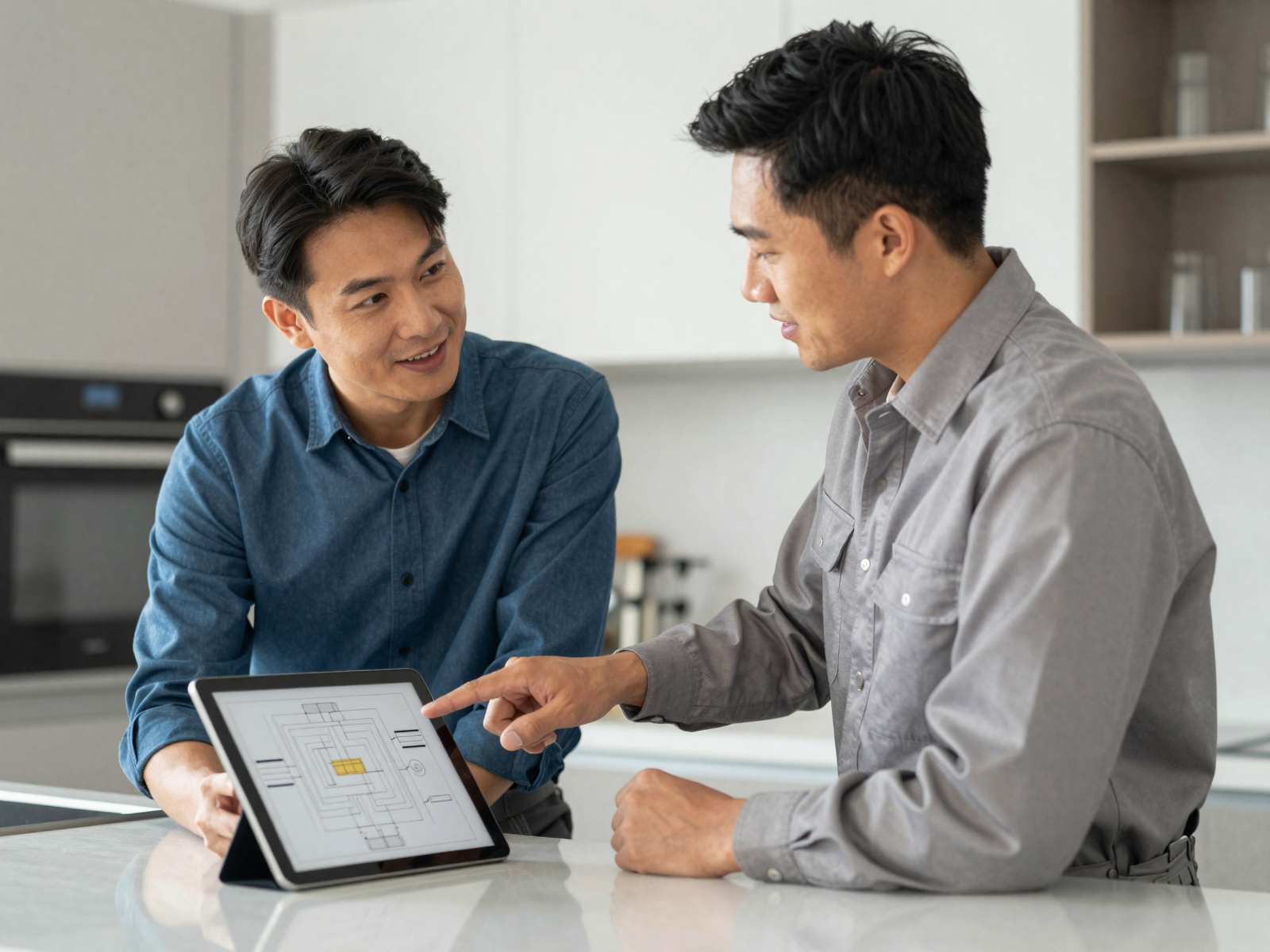 Professional electrician consulting with homeowner in modern kitchen with wiring plans